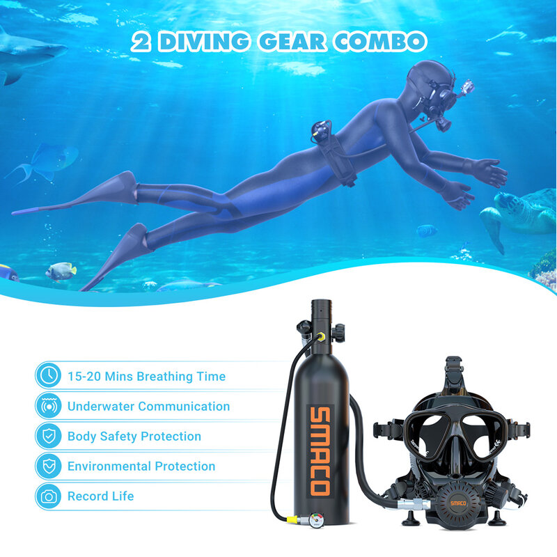 SMACO Mini Scuba Tank Full Face Snorkeling Mask Diving Tank Reusable Pony Bottle Diving Cylinder Underwater Exploration Rescue