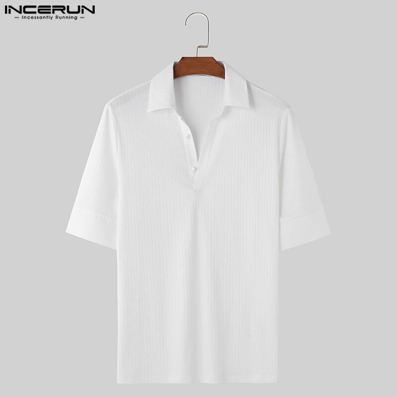 INCERUN Топы 2024 в Корейском стиле новая мужская модная полосатая блузка с V-образным вырезом мужская повседневная простая Однотонная рубашка с коротким рукавом женская