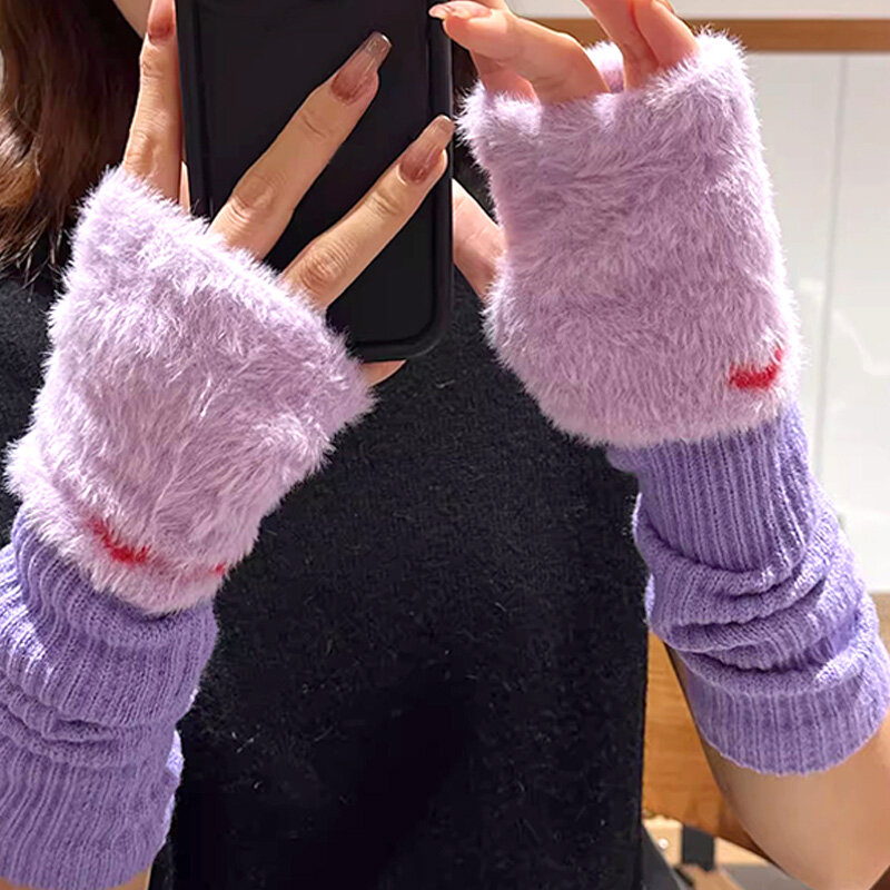 Nowe zimowe damskie długie rękawiczki cieplej stylowe dziewiarskie rękawice sztuczna wełna bez palców królik futro rękawice robocze na rękę Femme prezent