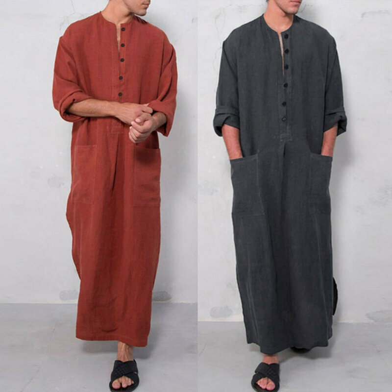 Мужской исламский арабский кафтан Jubba Thobe, однотонный свободный ретро-халат с коротким рукавом, абайя, одежда среднего этнического Востока, мусульманская одежда, мужская одежда