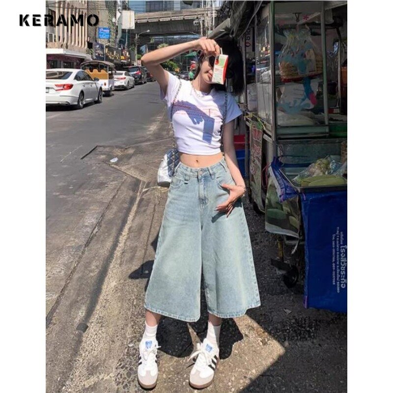 Coreano Y2K Harajuku a vita alta Street Style Fashion Shorts 2024 Summer women's Streetwear Loose Fit Mid Long Denim Shorts