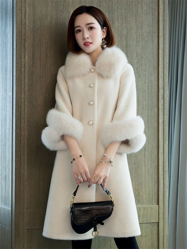 Autumn Winter New Imitation Sheep Fleece Coat Women's Mid-Long Imitation Fox Fur Collar Loose Grain Fleece Faux Fur Coat Pink