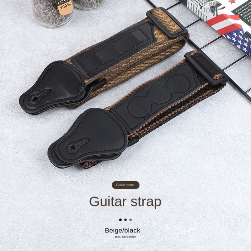 Correa de guitarra eléctrica Folk de algodón puro, cinturón ajustable con bolsa para púas de guitarra, bajo, ukelele, cuero marrón/negro