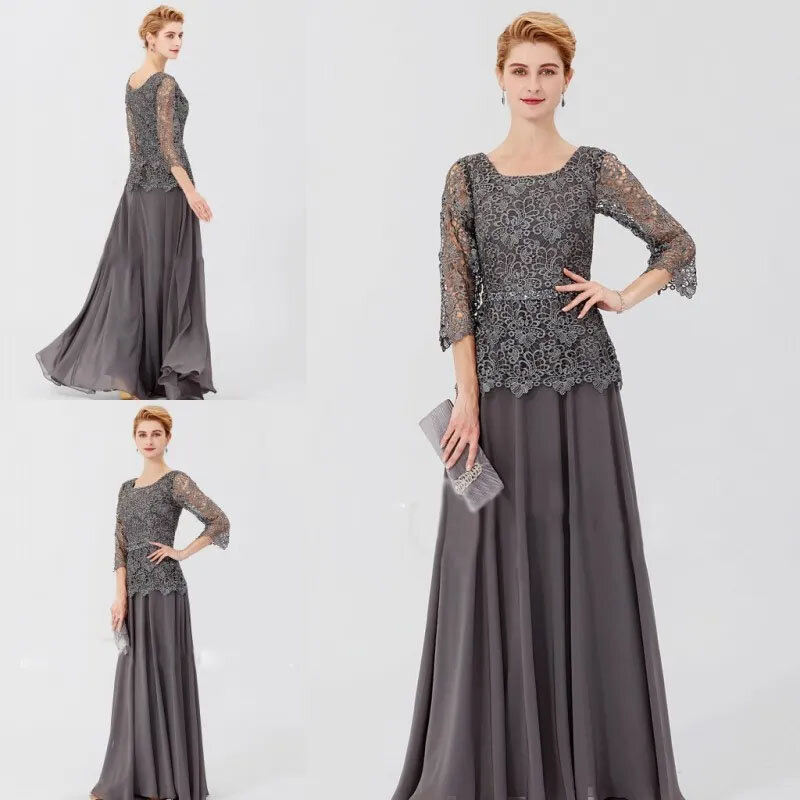 Elegant Grey Mother Of The Bride Dresses Chiffon Applique Three-quarter Sleeves Floor-Length  Mother Of The Groom Gowns 2024