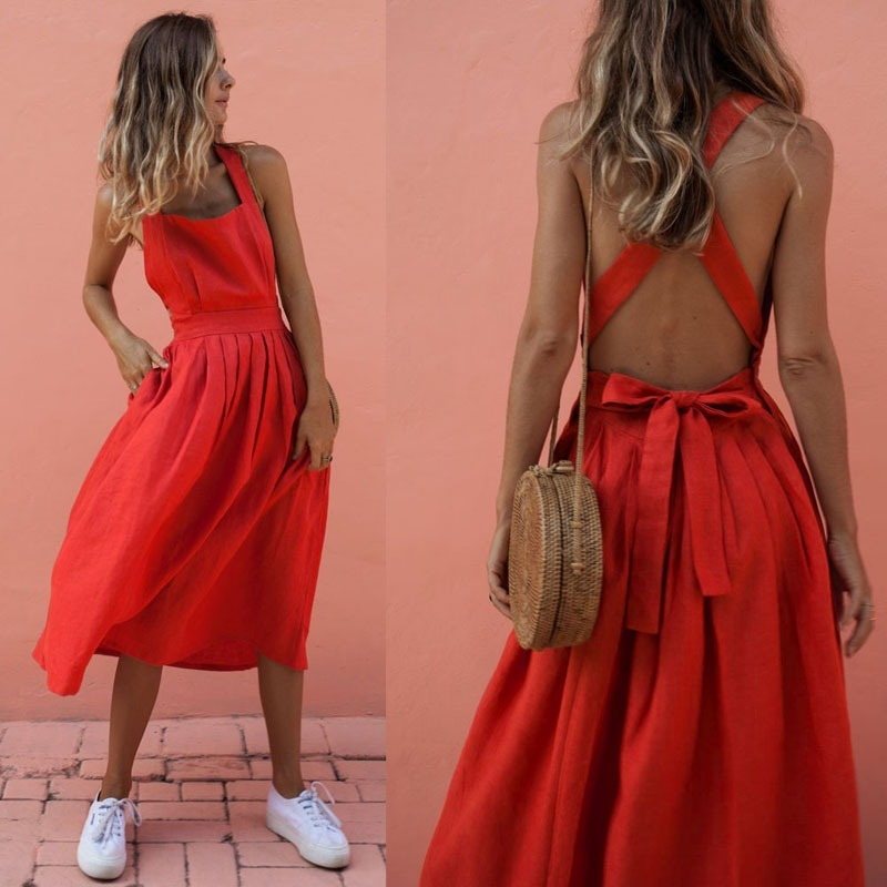 2023 lato seksowna sukienka damska kokardka bez pleców ze sznurkiem plażowym pasek czerwony Vintage Sundress kobiety Boho Femme szlafrok
