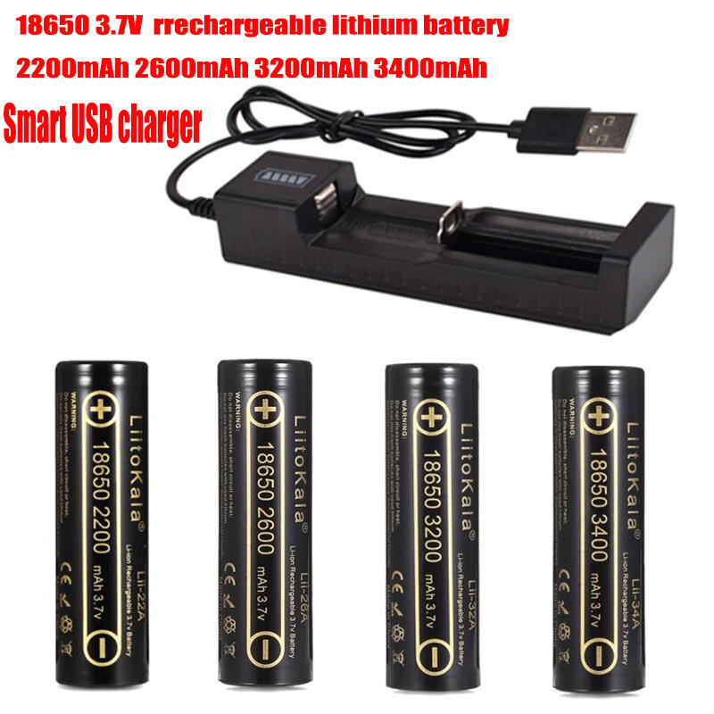 Liitokala-Bateria Recarregável de Lítio com Carregador USB Inteligente, 18650, 3.7V, 2200mAh, 2600mAh, 3200mAh, 3400mAh, Original, 1Pc