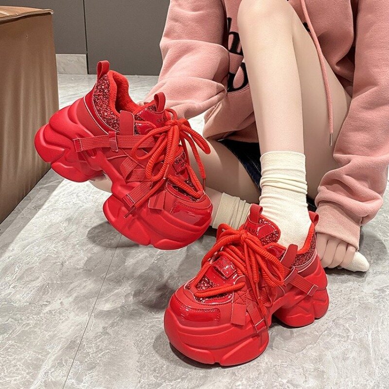 Spring Autumn Chunky Sneakers Women Bling Platform Sports Shoes Woman Goth Thick Bottom High Heels Female 8CM Leather Sneakers