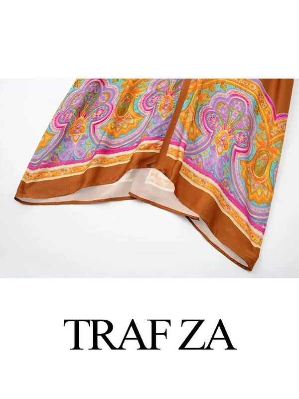 Trafza ชุดเดรสยาวทรงหลวมแนวเรโทรของผู้หญิงชุดเดรสใส่สบายแขนสั้นเสื้อแร็กแลนแฟชั่นคอวีระดับไฮเอนด์
