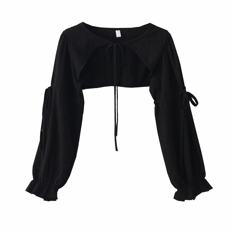 Women's New Niche Drawstring Lace Up O-neck Long-sleeved Sun Protection Shirt Cardigan Female High Waist Loose Short Blouse Tops