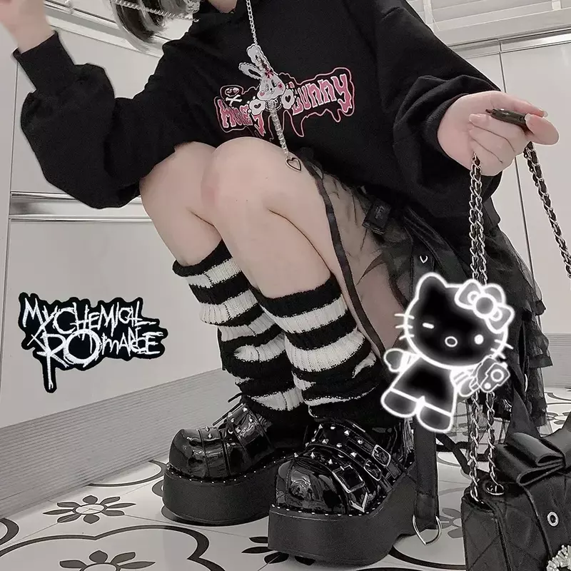 Feminina Gothic Lolita Long Leggings, meias de malha, aquecedores de tornozelo, meias listradas, aquecedores de perna, kawaii, braço, inverno, japonês