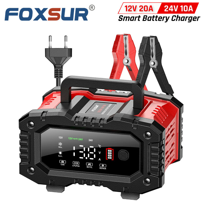 FOXSUR Portable Car Battery Charger 12V-20A 24V-10A Motorcycle Truck AGM LiFePO4 Lead Acid Batteries Automatic Repair Maintainer