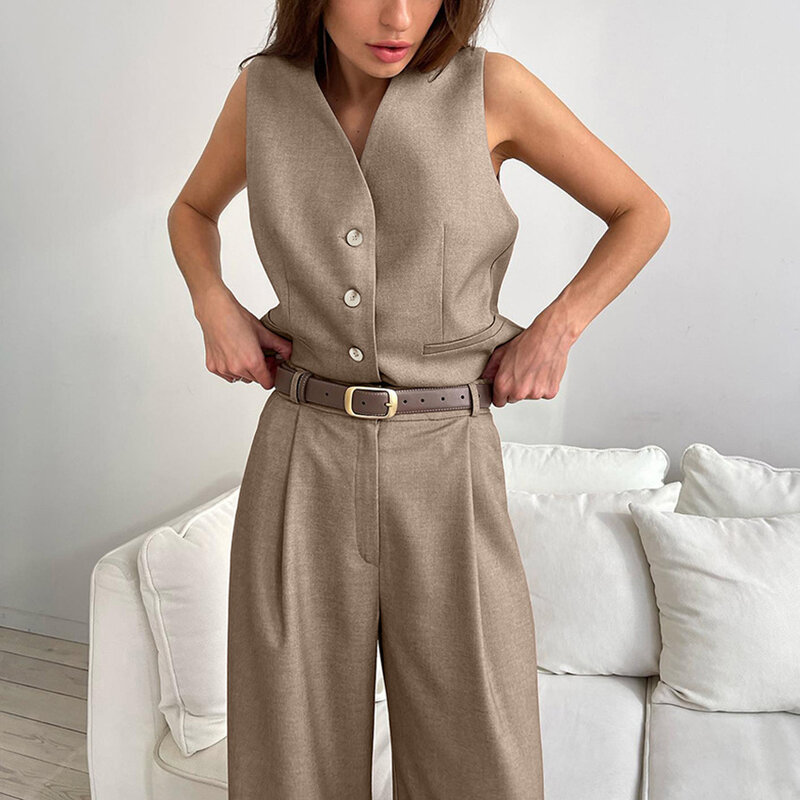 Spodnie damskie zestawy bez rękawów jednorzędowe spodnie z szerokimi nogawkami sweter dwuczęściowy biurowy damski kieszenie 2024 jednolite szarfy