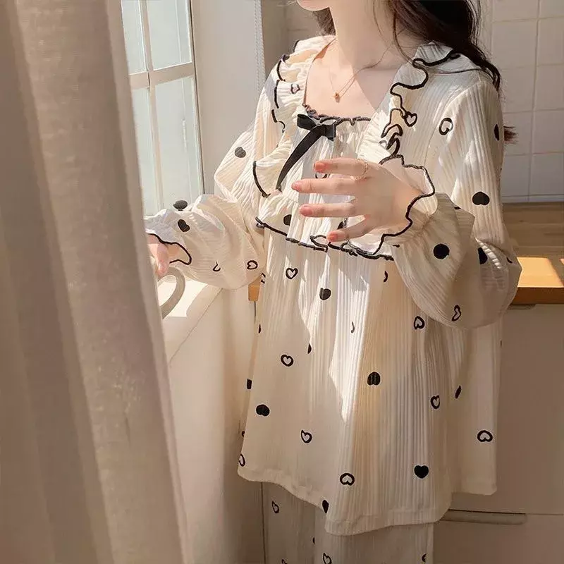 2024 New Pajama Women Autumn Long-sleeved Cotton Loungewear Square Collar Cute Homewear Two-piece Suit Loose Falbala Sleepwear