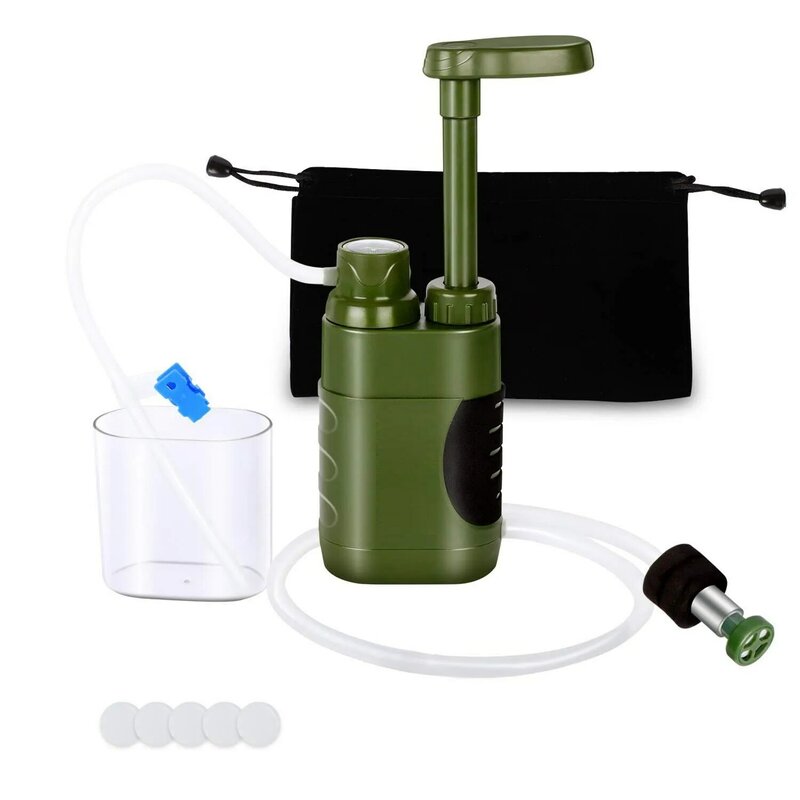 Pompa tangan berkemah luar ruangan, alat bertahan hidup pemurni air individu portabel, air minum berkemah