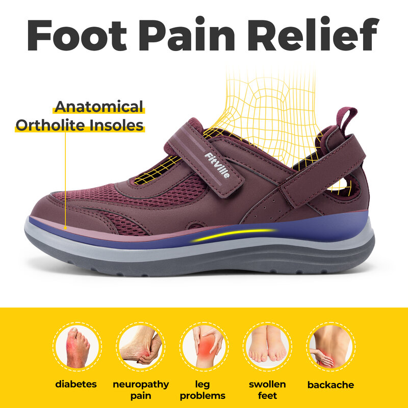 FitVille sandalias Extra anchas para diabéticos, zapatos ajustables y transpirables, soporte para arco de fascitis Plantar para pies hinchados, mujer