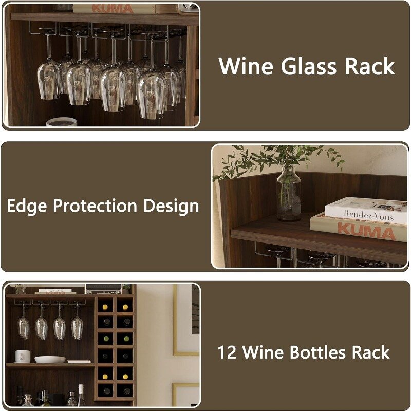 Kabinet Bar anggur untuk minuman keras dan kacamata dengan 12 rak botol anggur, kabinet penyimpanan Hutch dapur untuk ruang makan