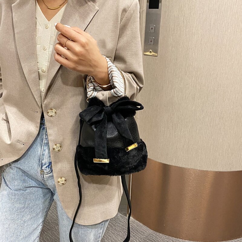 Модная плюшевая Лоскутная сумка-ведро, дизайнерские женские сумки с бантом, роскошные сумки через плечо из искусственного меха