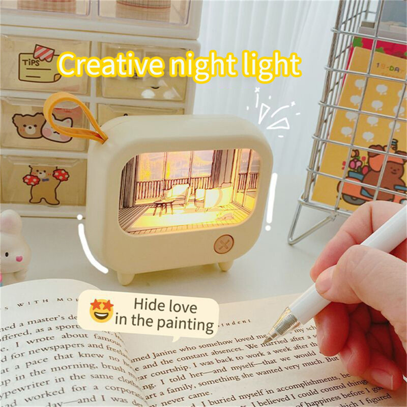 Mini Desktop LED Night Light, TV Pintura Design, Aprendizagem Abajur, Carregamento USB, 2-Nível de Iluminação, Cute Birthday Gift