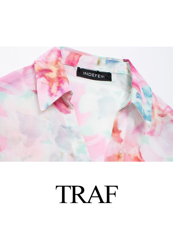 Traf Damespakken Print Turn-Down Kraag Lange Mouw Strik Single Breasted Shirts + V-Hals Mouwloze Rugloze Jurk Met Rits