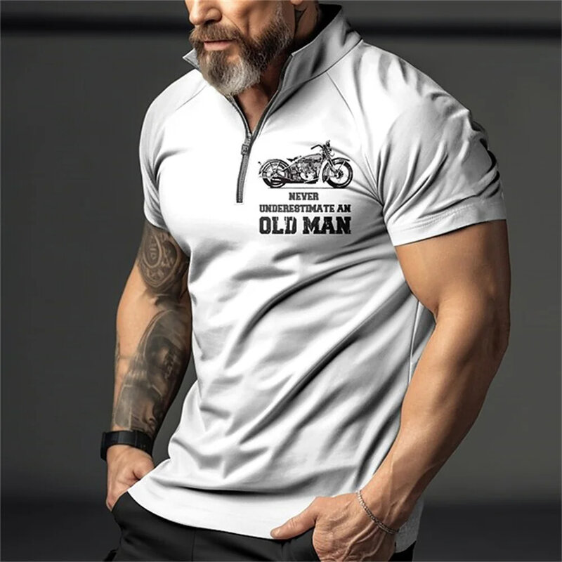 Camisas polo de manga curta vintage masculina, 3D estampa motocicleta, zíper lapela, alta qualidade, camisa masculina extragrande, roupa casual