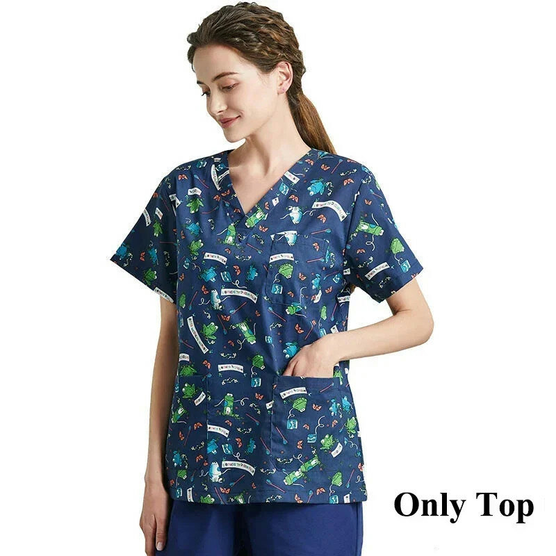 High Quality Printed Nurse Scrub Tops Short Sleeve Tee Scrubs Uniform for Women Dentisit V-Neck Clothing Workwear Nursing Coat