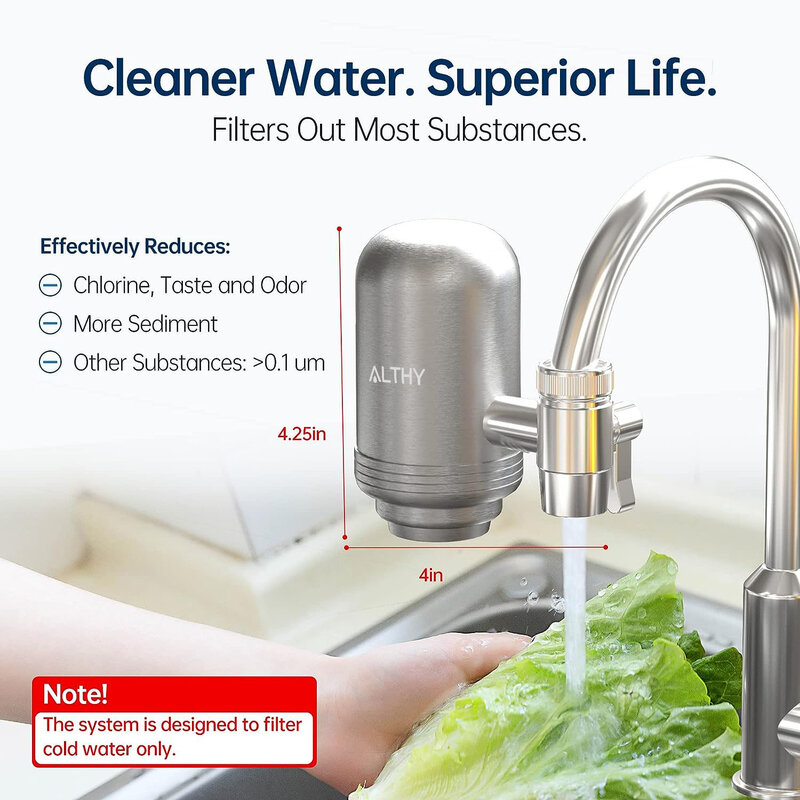 ALTHY-aço inoxidável torneira torneira filtro de água, sistema purificador, NSF certificada, reduz o chumbo, cloro, mau gosto cozinha