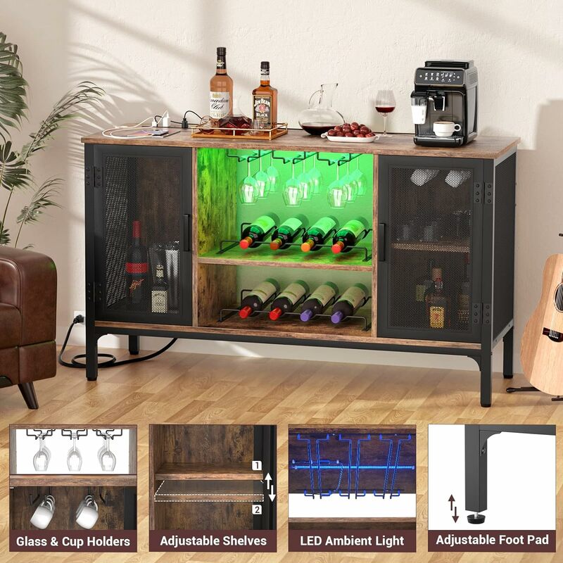 LED Lights Industrial Coffee Bar Cabinet with Power Outlets Ample Storage and Adjustable Shelves Modern Farmhouse Liquor and