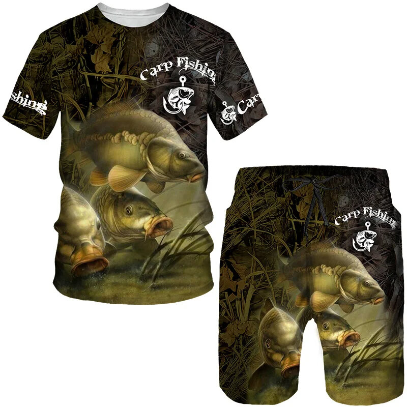 Men's Outdoor Fishing Print Shorts 2Pcs Sets Vintage 3D Print Two Piece Suit O-neck T shirt Fashion Male Sweatshirt  Clothes