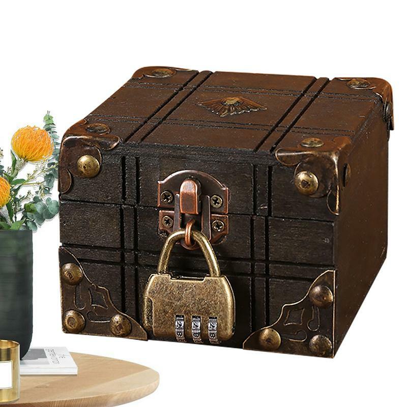 Kotak penyimpanan kayu Mini, kotak kunci harta karun bergaya antik Retro, kotak penyimpanan perhiasan harta karun untuk rumah