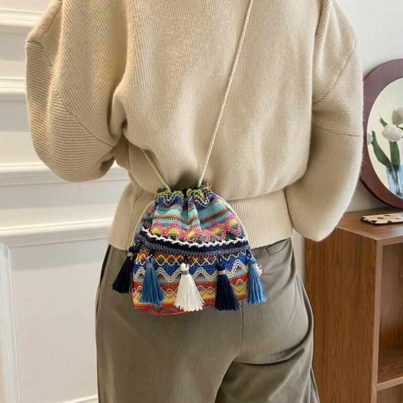 Women's Bag Vintage Embroidery Tassel Drawstring Bag Cloth Bucket Bag Crossbody Bags Fashion Personality Messenger Bag