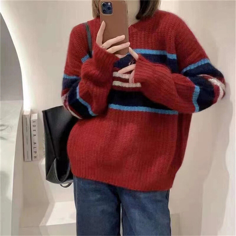 女性のヴィンテージストライプ秋のセーター,ラウンドネック,ゆったりとしたセーター,暖かい,冬,2022