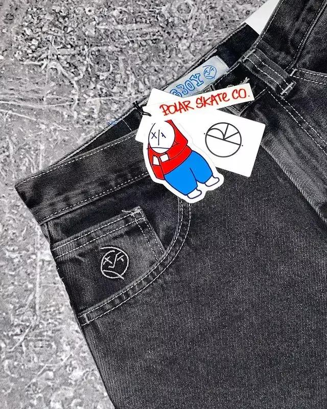 Harajuku Cartoon Graphic Bordado Jeans Baggy para Homens e Mulheres, Calças Largas de Cintura Alta, Calças Pretas Y2K, Hip Hop, Big Boy, Novo