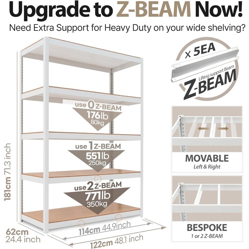 Casa Z-Beam Branco Heavy Duty Garage Storage Shelving, ajustável 5-Tier Metal Prateleiras, Prateleira laminada, Utilidade industrial
