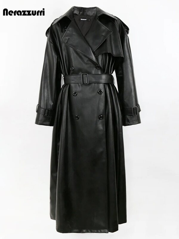Nerazzurri primavera autunno lungo Trench in pelle nera oversize per donna cintura doppio petto sciolto Casual moda coreana