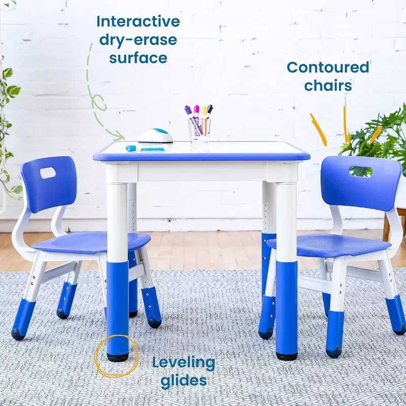 Meja bergerak persegi gosok kering anak-anak dengan 2 kursi, dapat disesuaikan, furnitur anak-anak, biru, set 3
