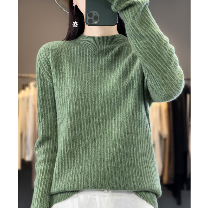Осенне-зимний женский однотонный теплый вязаный свитер из 100% чистой шерсти с длинными рукавами и полувысоким воротником