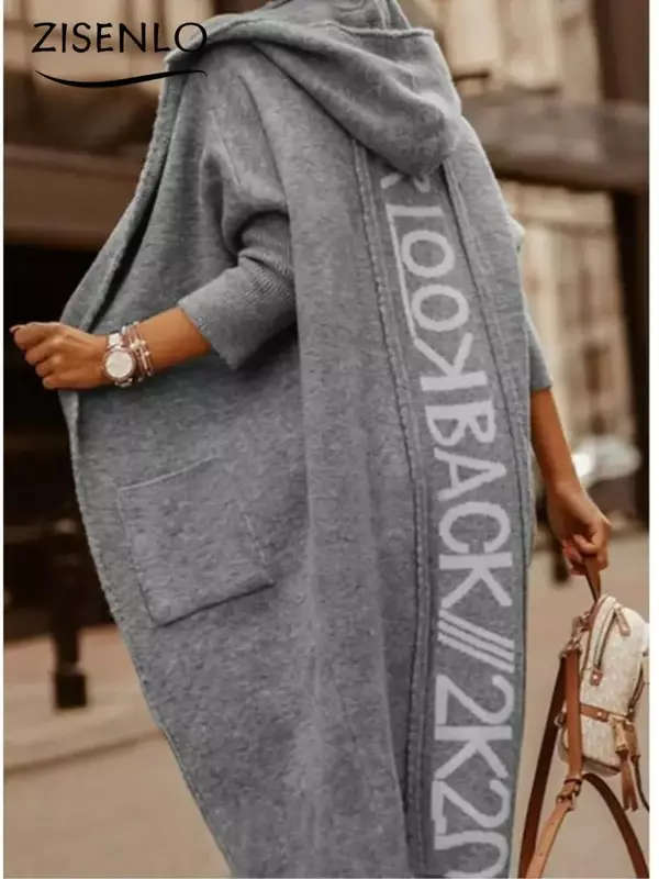 Cárdigan de longitud media con capucha para mujer, suéter de punto con letras, chaqueta de manga larga con bolsillo impreso, Jersey de punto, Invierno