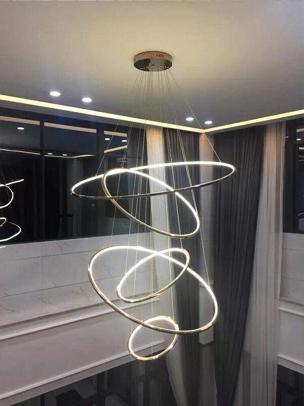 Candelabro de acero inoxidable con forma de anillo LED, accesorio para comedor, dormitorio, piso doble, sala de estar, escalera, loft