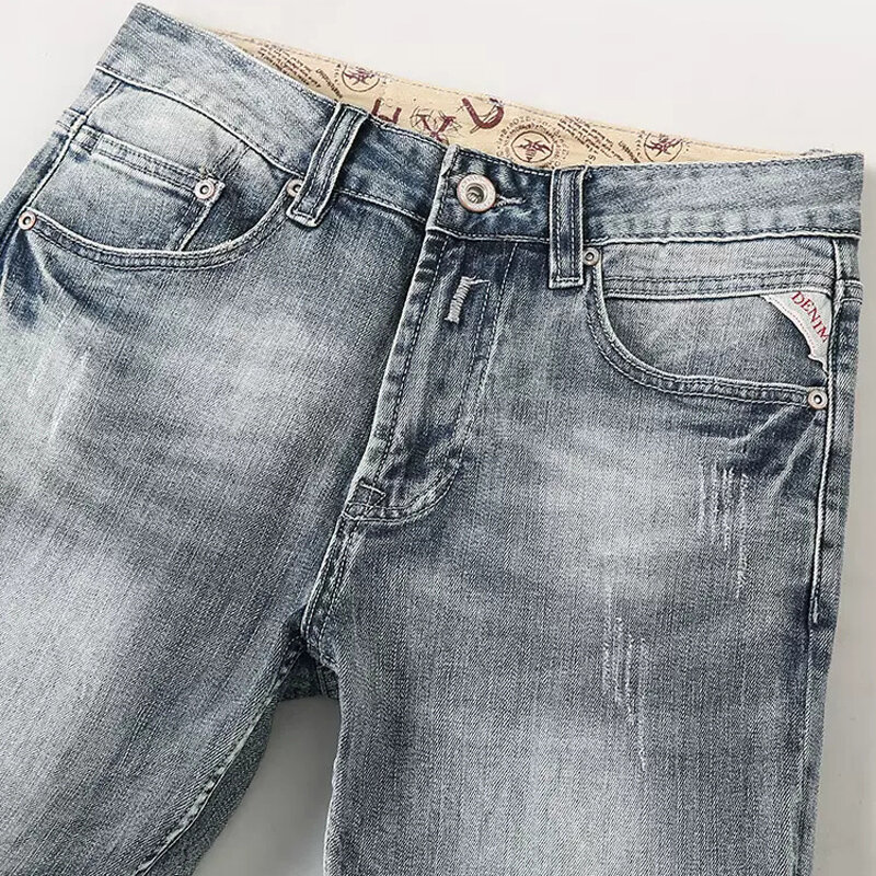Pantalones vaqueros rasgados para Hombre, Jeans elásticos de alta calidad, Retro, gris, azul, Vintage, nuevo diseñador