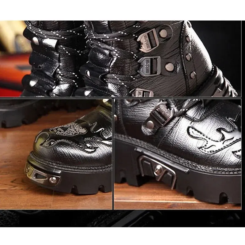 Retro Gothic Punk Men's Genuine Leather Motorcycle Boots Platform Rubber Boots Winter Mid-Calf Military Combat Boots Fashion47