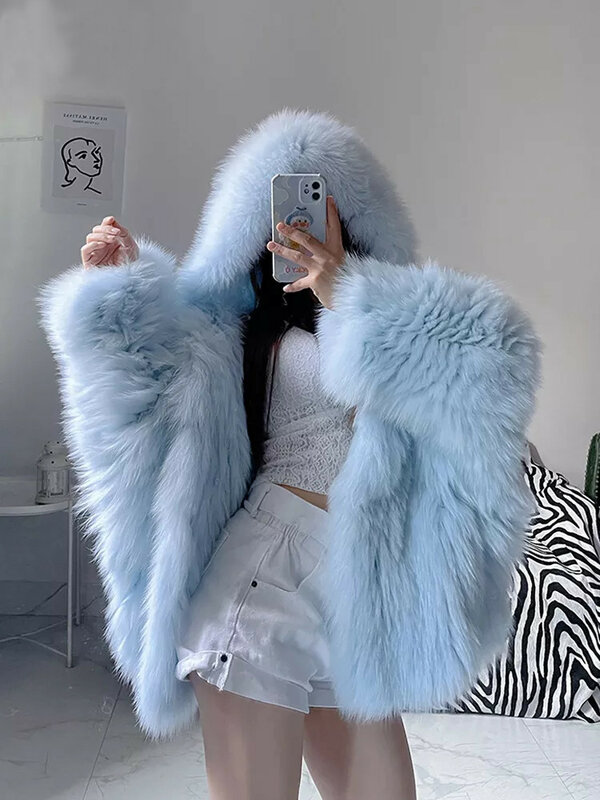 Winter Shaggy Hairy Thick Warm Soft Colored Faux Fur Jacket Women with Hood Bat Sleeved Loose Casual Designer Clothes