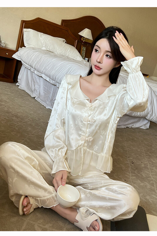 Spring Ruffles Lace Lapel Long Sleeve Shirt Pants Pajamas Women Jacquard Satin Sleepwear Home Clothes Loungewear
