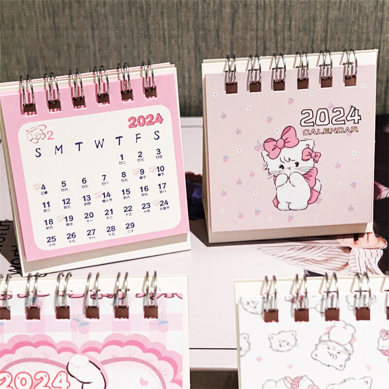 Gato dos desenhos animados Mini calendário com anel de folhas soltas, calendário de registro de estudantes, decoração de livros, novos presentes, 2024