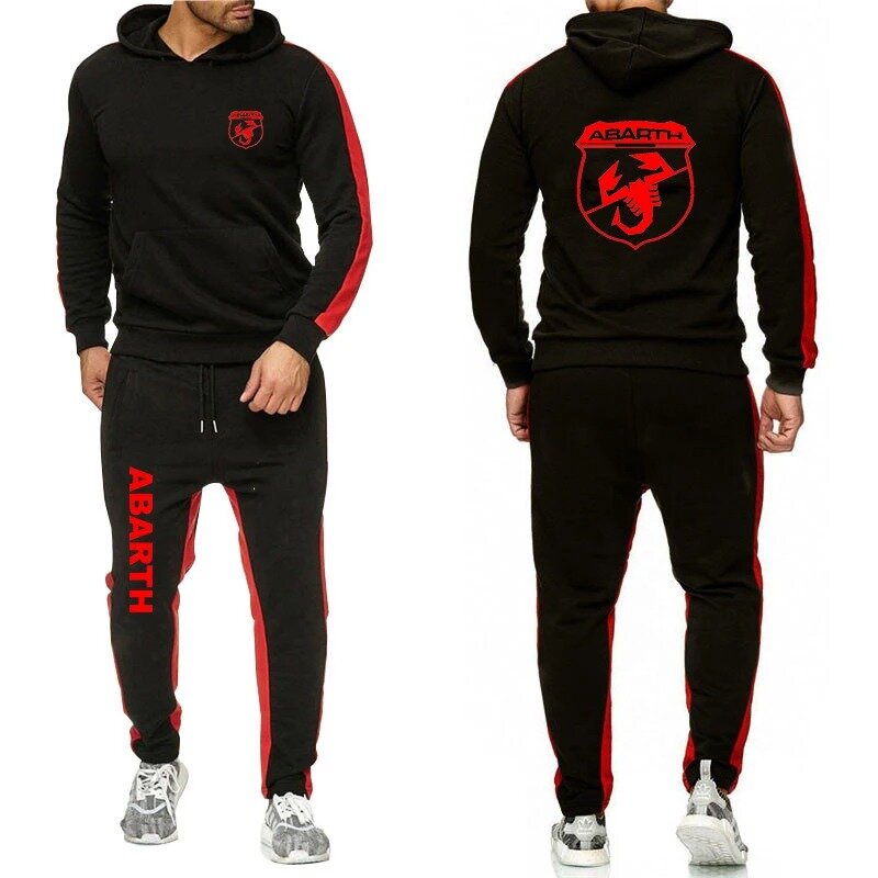 2024 men's Abarth spring and autumn sportswear hooded pullover hooded sweater+casual printed sweatpants casual solid color suit