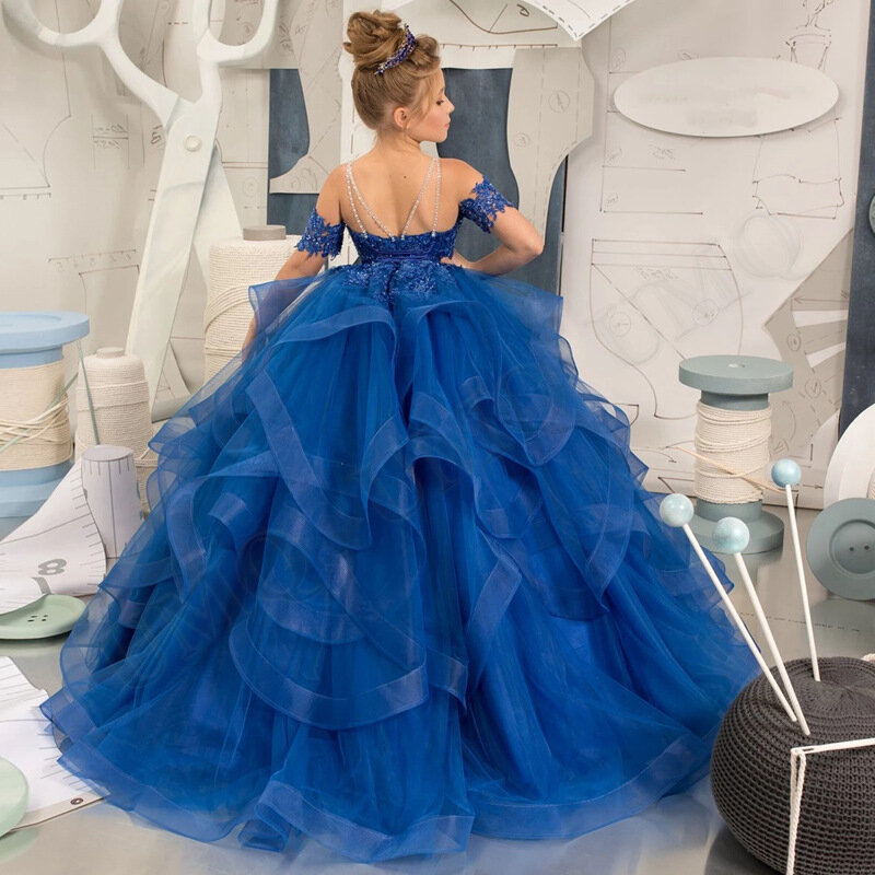 Dziewczęca sukienka w kwiaty królewski niebieski tiul bufiaste aplikacje warstwowe krótki rękaw na przyjęcie weselne urodziny suknia księżniczki