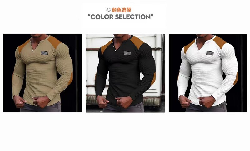 Spring New Solid Color Slim Fit Long Sleeve T-shirt Men's Small V-neck Breathable Sports Coat Waffle Cotton Casual Long Sleeve