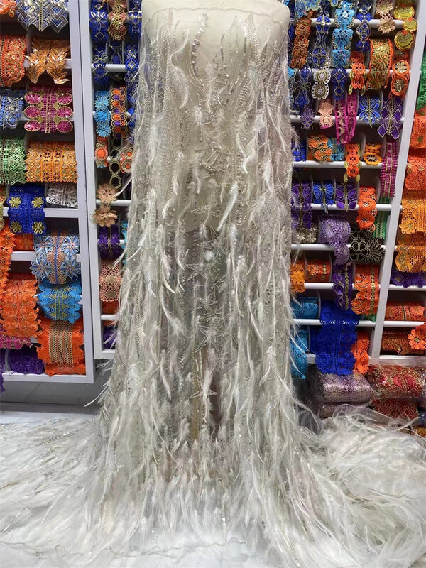 Tecido francês do bordado do tule para a costura do casamento, Material do laço da pena 3D, laço frisado de Dubai, tecido nupcial, 5 jardas, 2024
