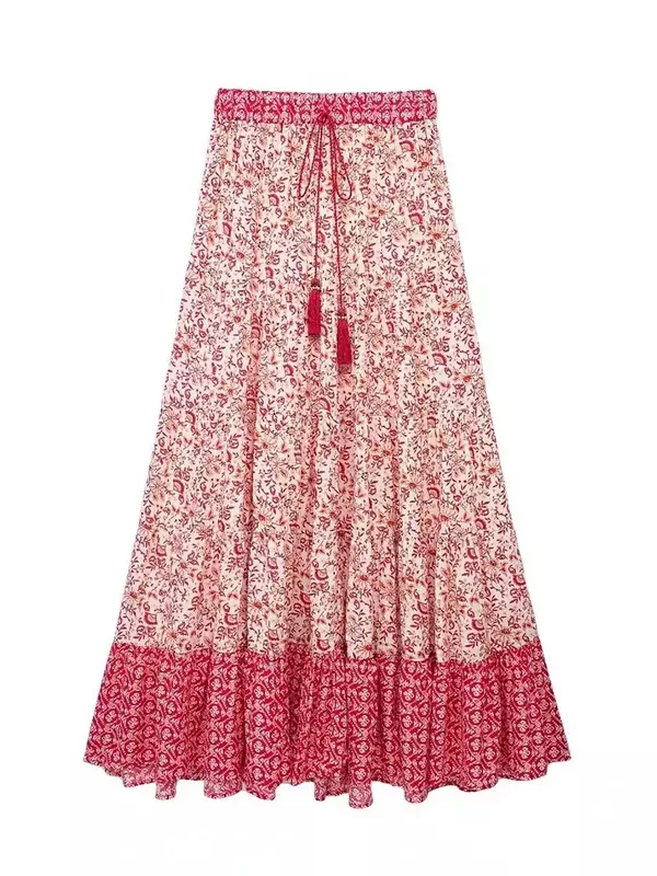 Pink Long Skirts for Women Printed Blouse Skirt Sets V-neck Sexy Tops Drawstring A-Line Pleated Skirt 2 Pieces Dress Casual Set