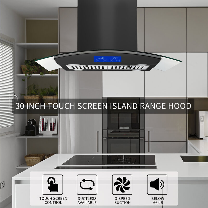 Tieasy 30 Inch 700 CFM Island Mount Touch Panel Permanent Filters with Led Lights Stainless Steel Range Hood YY0275B