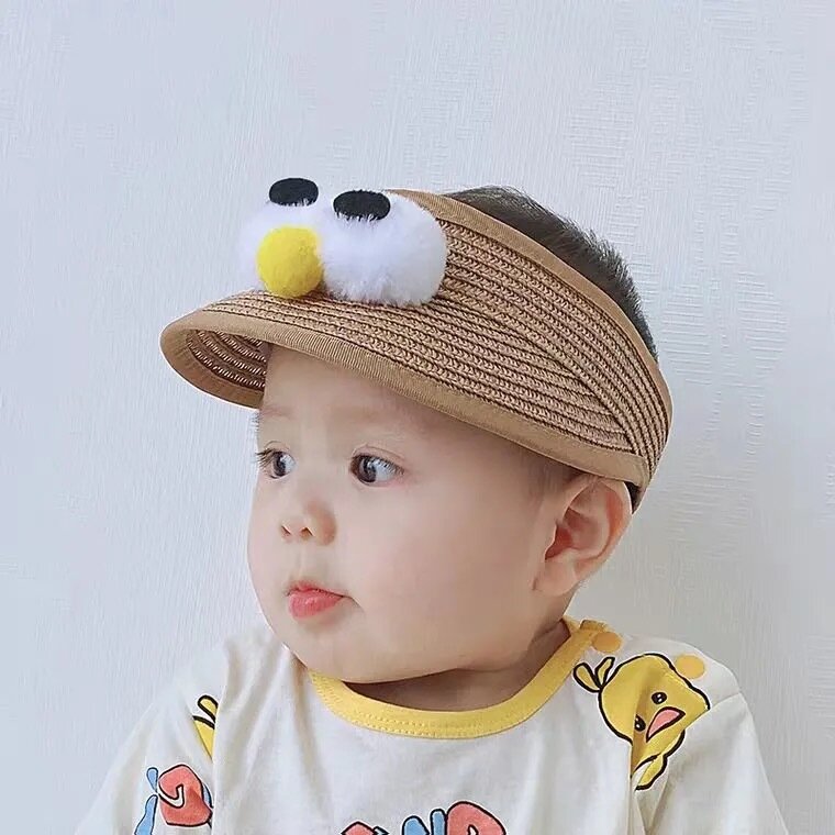 Children's Hats Summer Sunscreen Men And Women Baby Empty Top Straw Hat Cartoon Big Eyes Sun Hat Thin Section Fisherman Hat